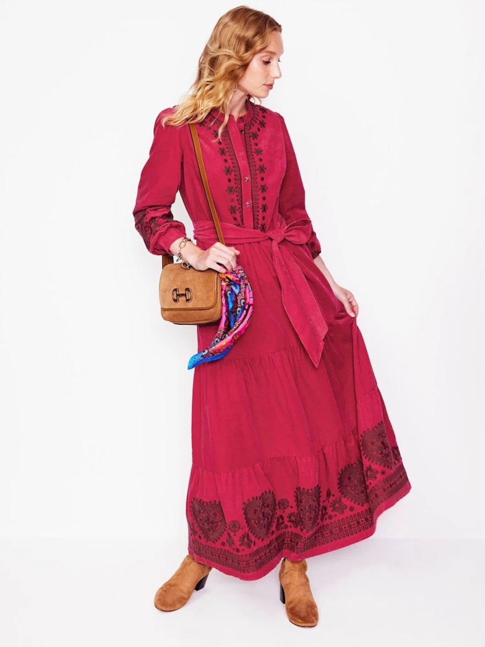 Boden Pink Alba Corduroy Embroidered Maxi Dress